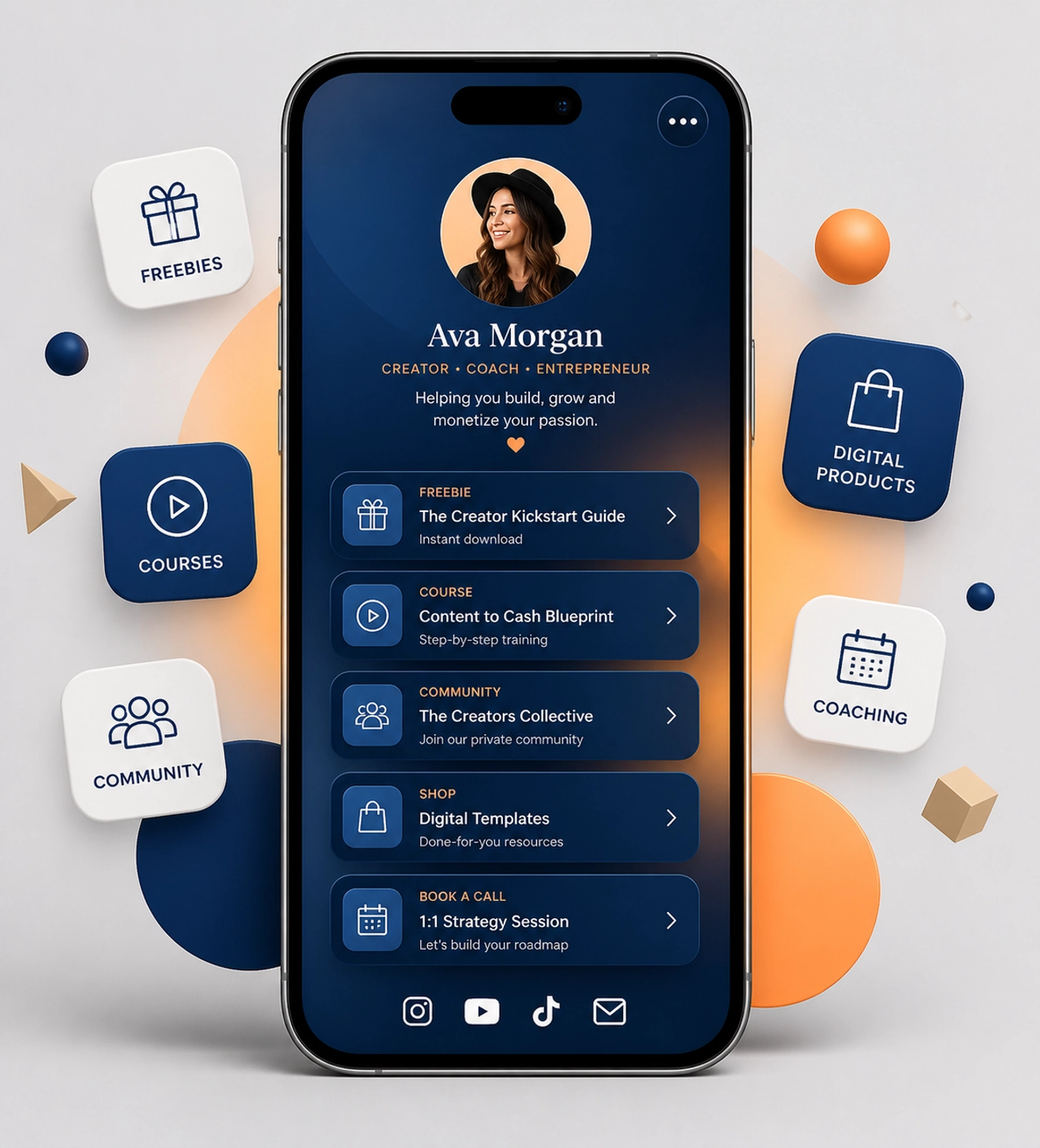 A smartphone displaying a link-in-bio landing page for affiliate offers without a website.