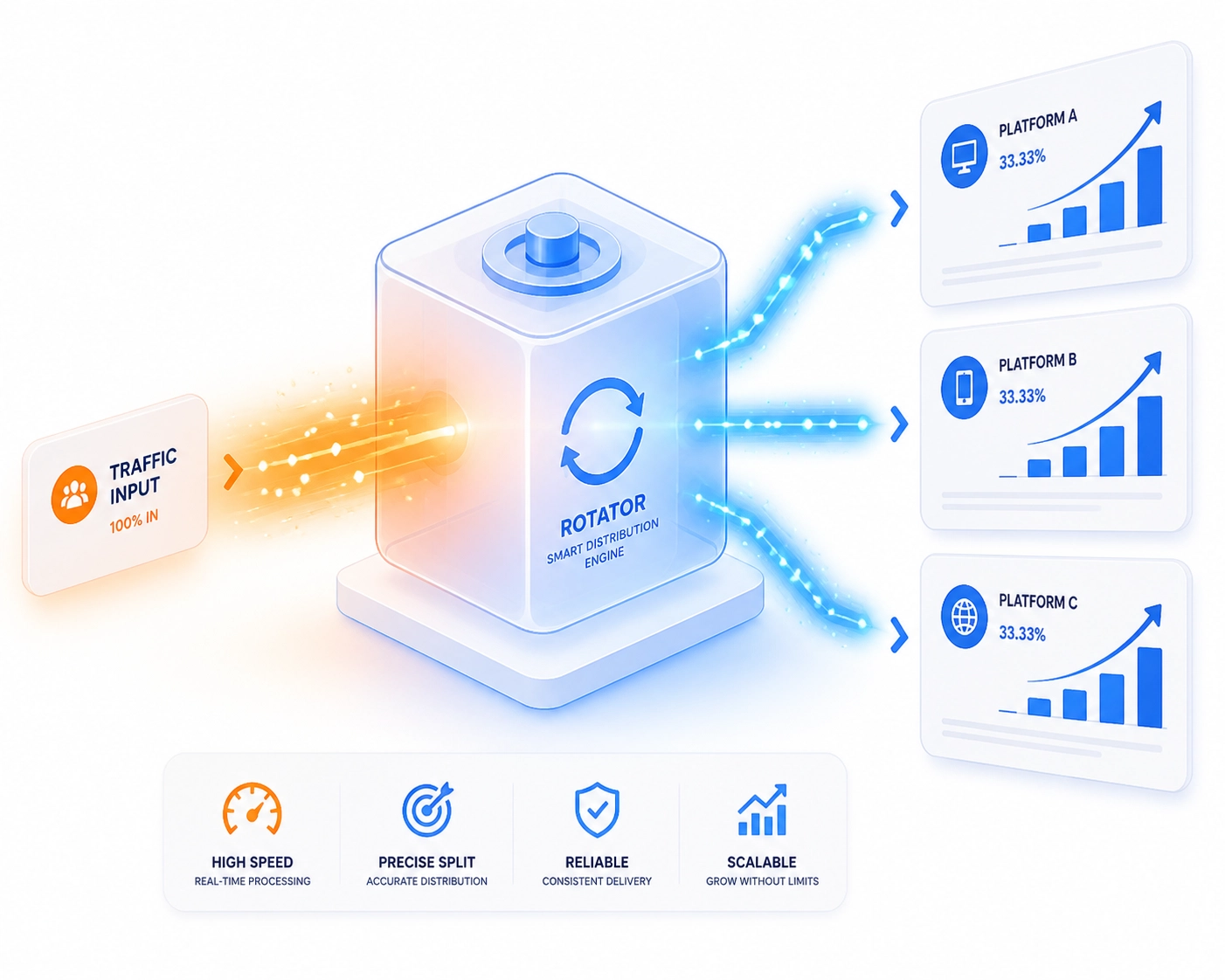 Illustration of a traffic rotator distributing digital ads to multiple affiliate offers for scaling.