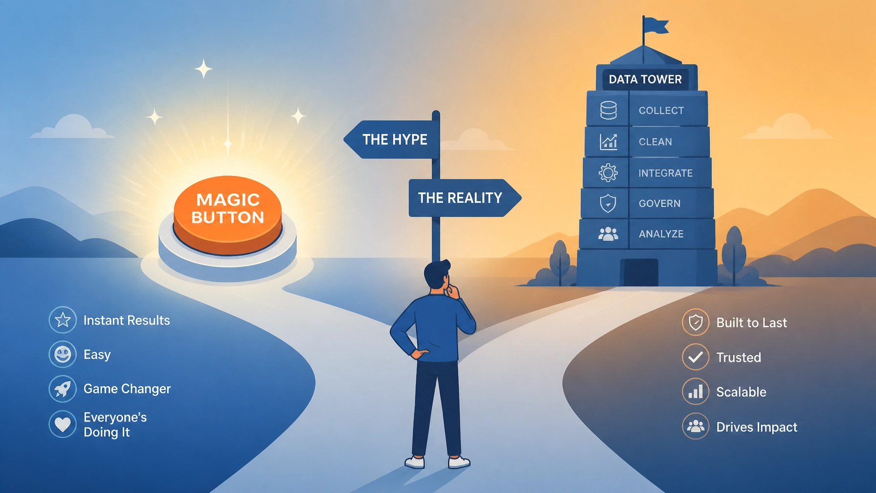 Illustration of choosing Data Reality over AI Hype