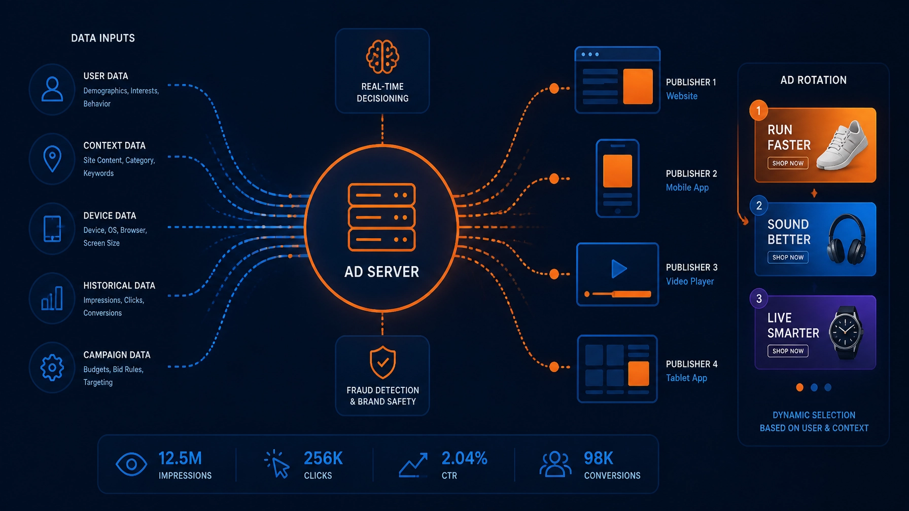 Ad server network with connecting nodes and banner rotation