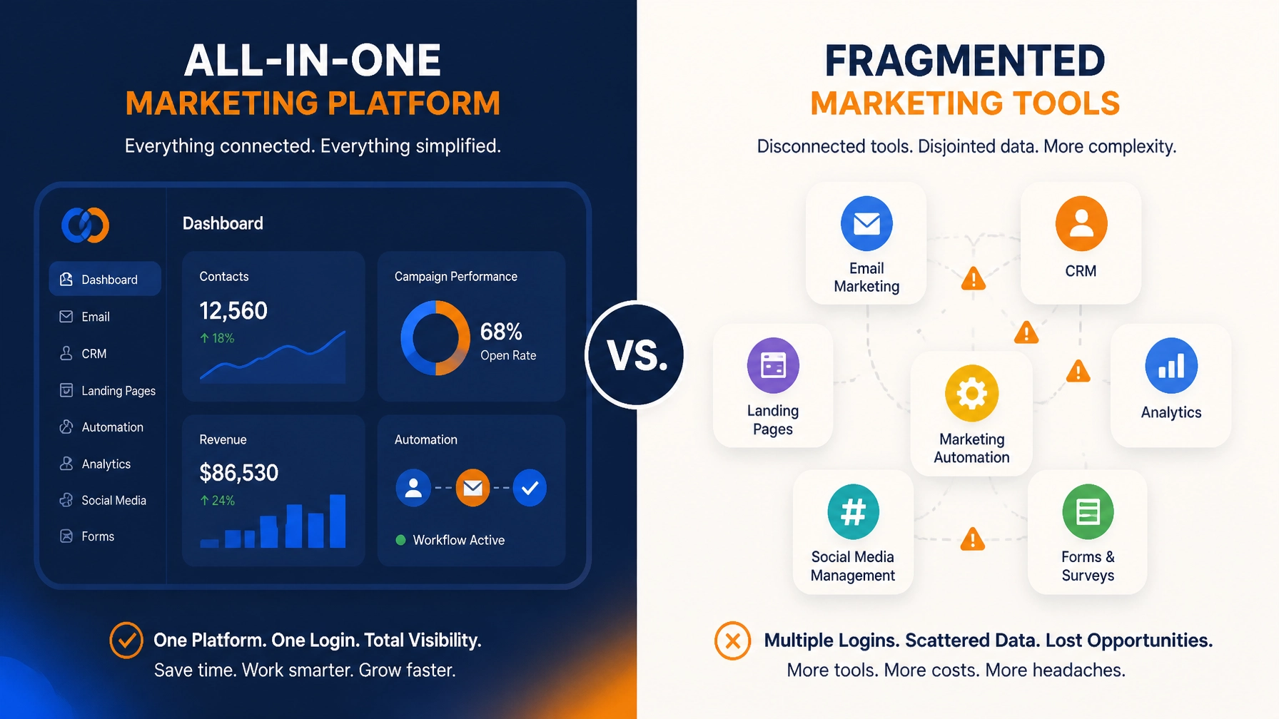 A minimalist digital illustration showing a side-by-side comparison of an all-in-one marketing platform versus fragmented tools