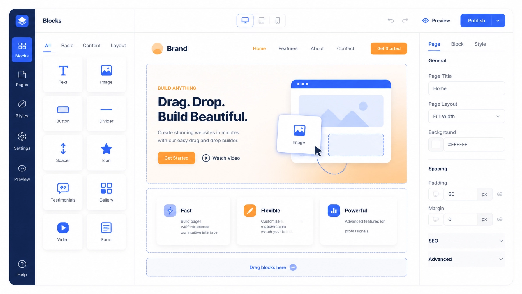 Drag and drop webpage builder interface with cards and clean blocks