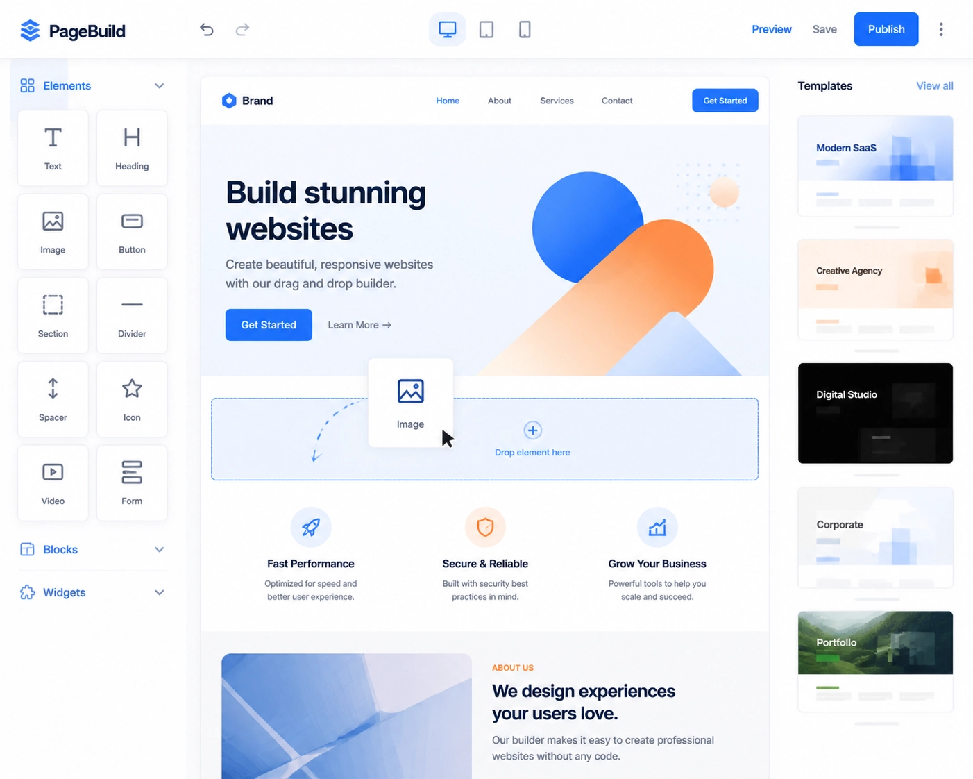A clean flat illustration of a drag and drop webpage builder interface with templates, geometric shapes, blue and orange gradient tones