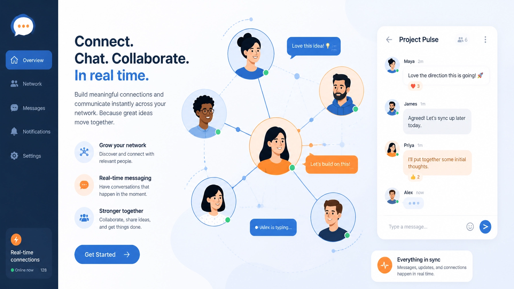User networking and real-time messaging with speech bubbles and connection nodes