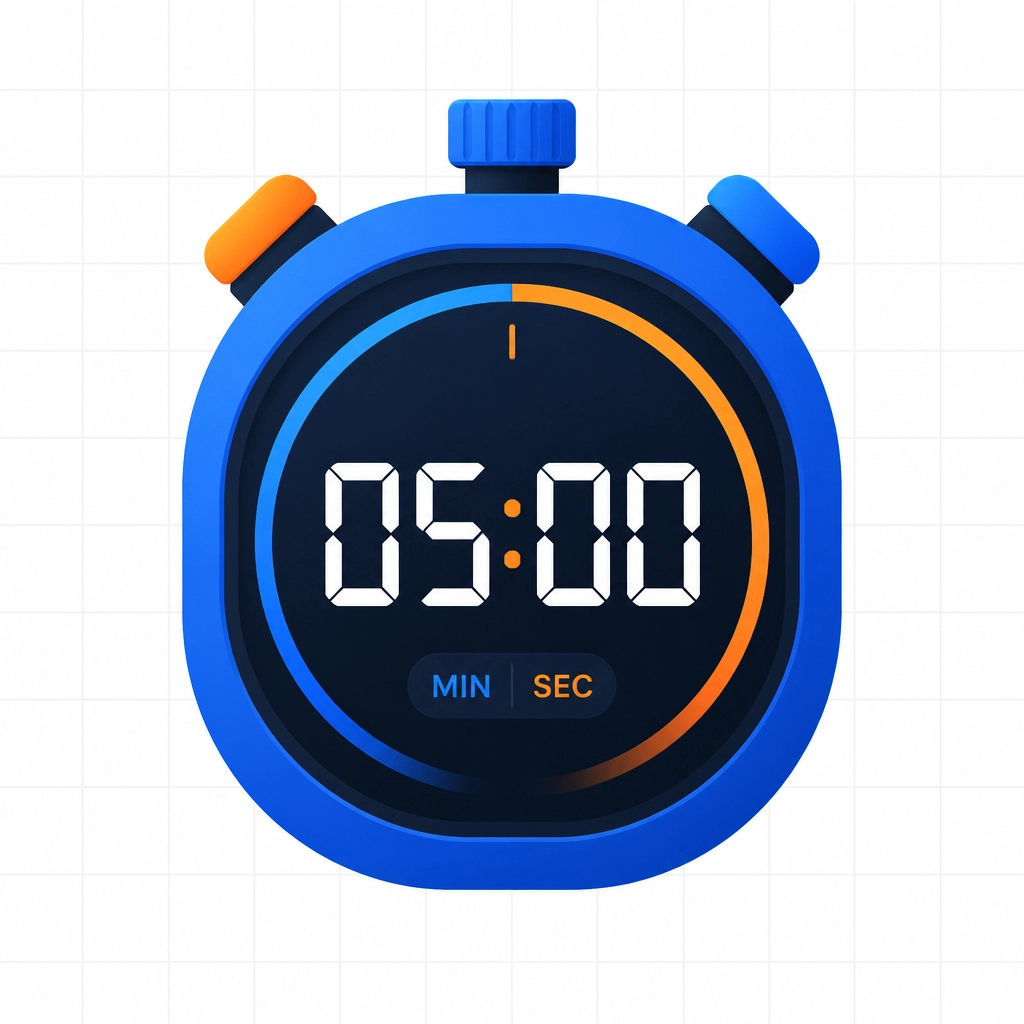 A minimalist flat illustration of a stopwatch with a sleek digital interface, showing 05:00