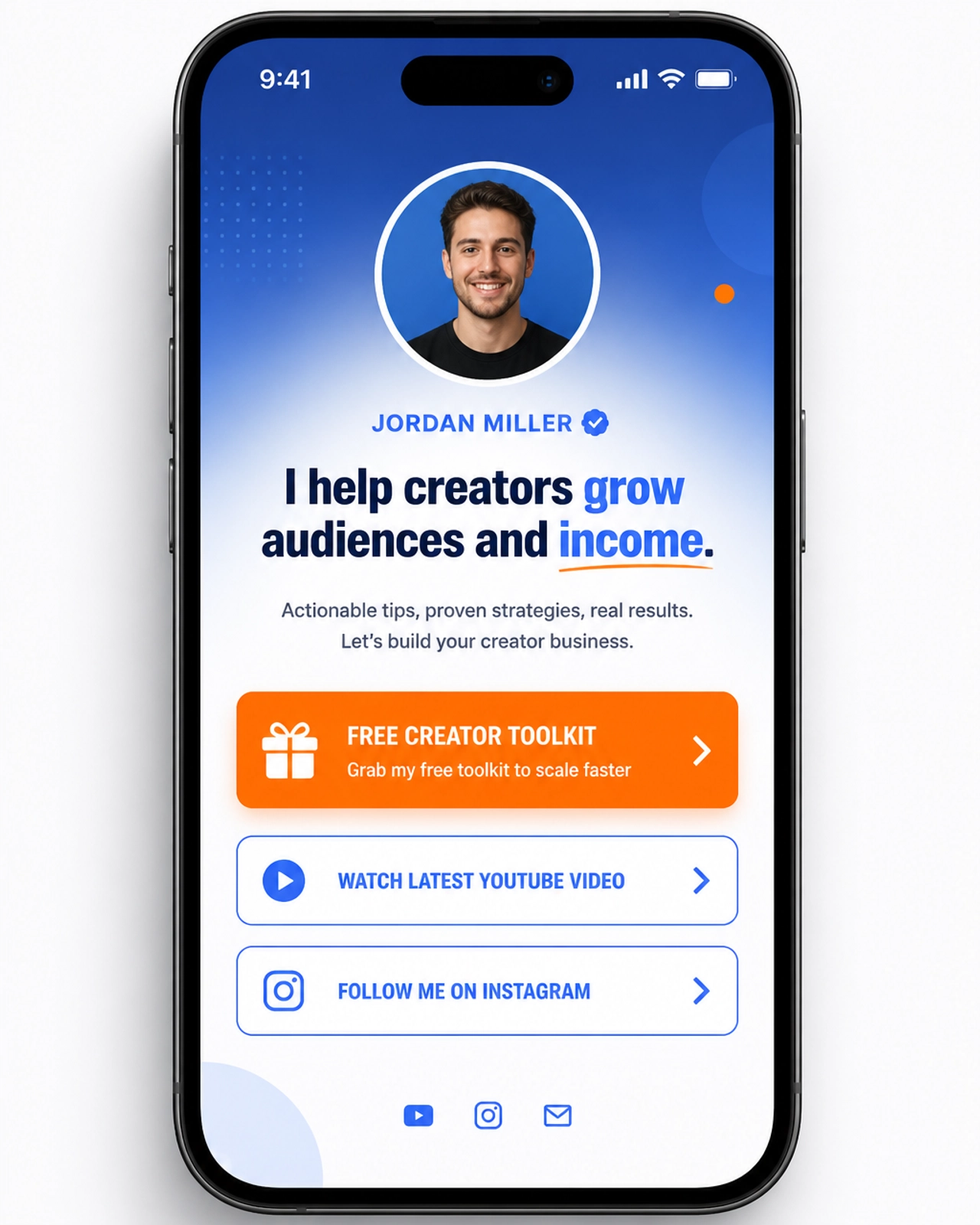 A mobile phone mockup showing a high-converting 'Linktree' style page for a content creator. The header has a professional avatar and a bold value proposition headline. Below it, one large high-contrast orange button stands out.