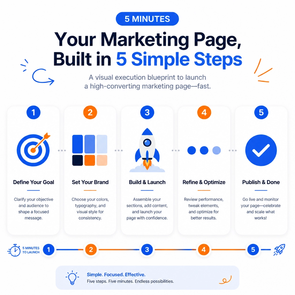 A visual execution blueprint for building a marketing page. A sequence of five numbered cards (1-5) representing five minutes. Each card has a minimalist icon: 1. Target, 2. Brand palette, 3. Rocket, 4. Three dots, 5. Checkmark.