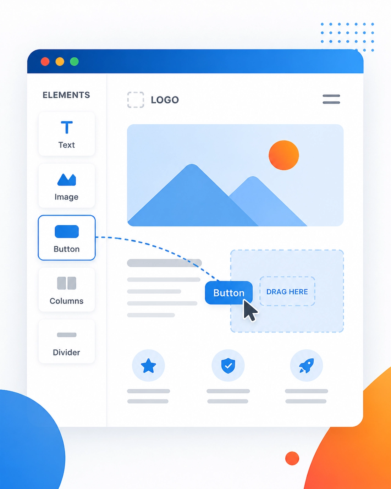 A minimalist vector illustration of the Daily-Ads drag-and-drop webpage builder interface in action.