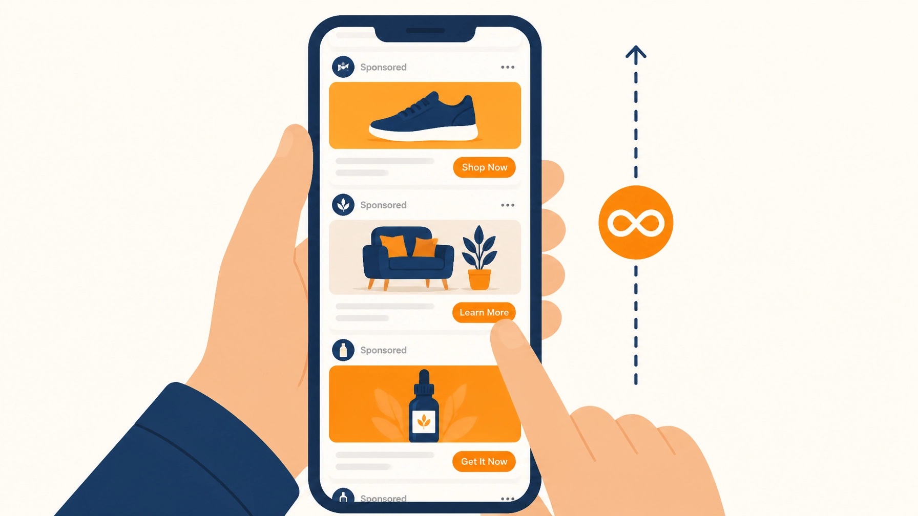 Minimalist illustration of a user scrolling through an infinite vertical ad feed on a mobile device