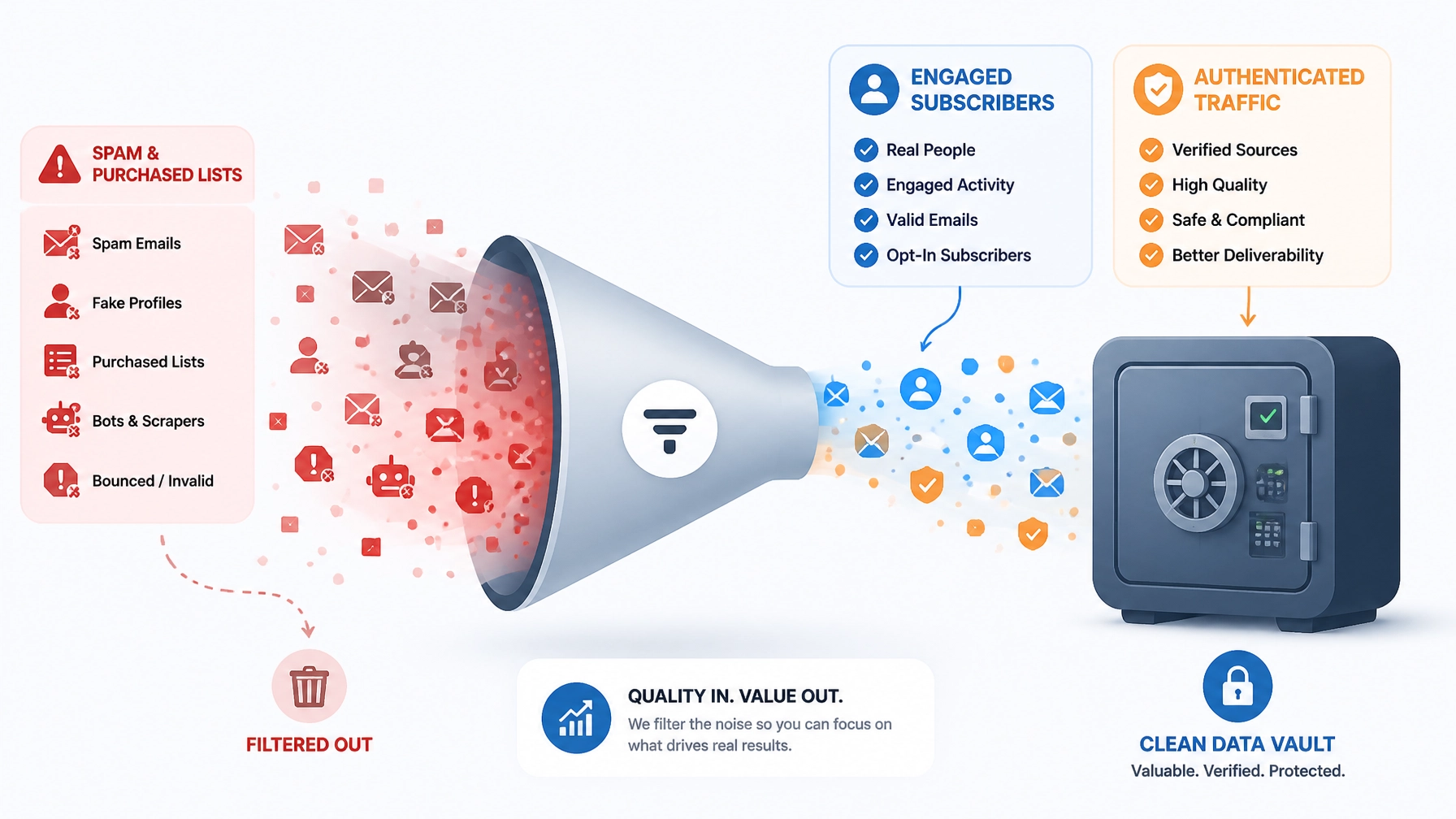 Filtering process showing unengaged users being removed from a marketing funnel