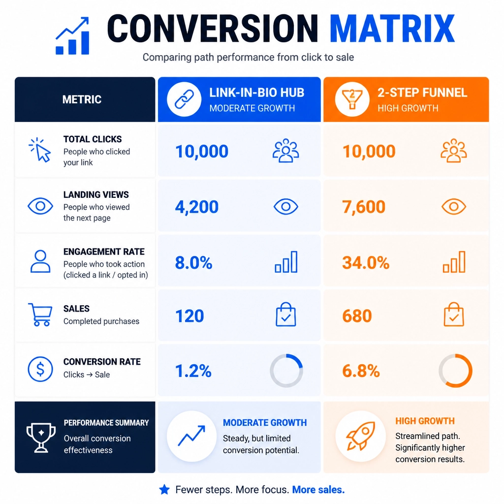 Conversion Matrix comparing Link-in-Bio Hubs with 2-Step Funnels