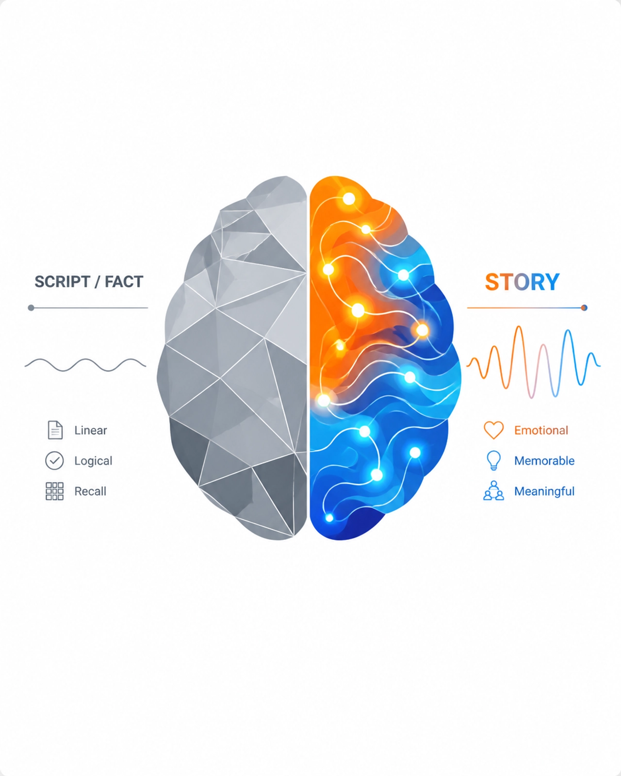 A minimalist digital illustration showing a geometric brain divided into a dull 'Script' side and a vibrant, high-energy 'Story' side