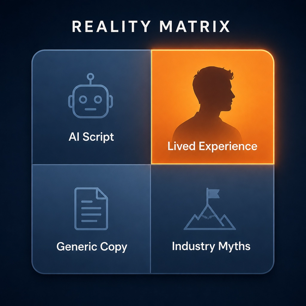 A minimalist digital illustration of a Reality Matrix showing Story vs Script engagement