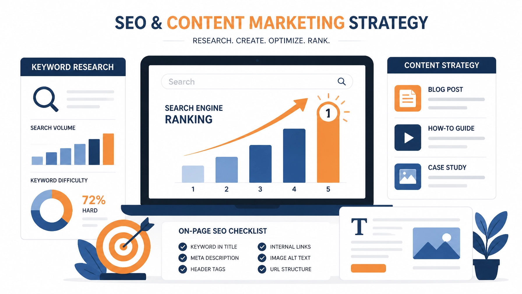Flat vector illustration representing SEO and content marketing strategy with search engine rank bars and keyword research charts in deep blue and warm orange