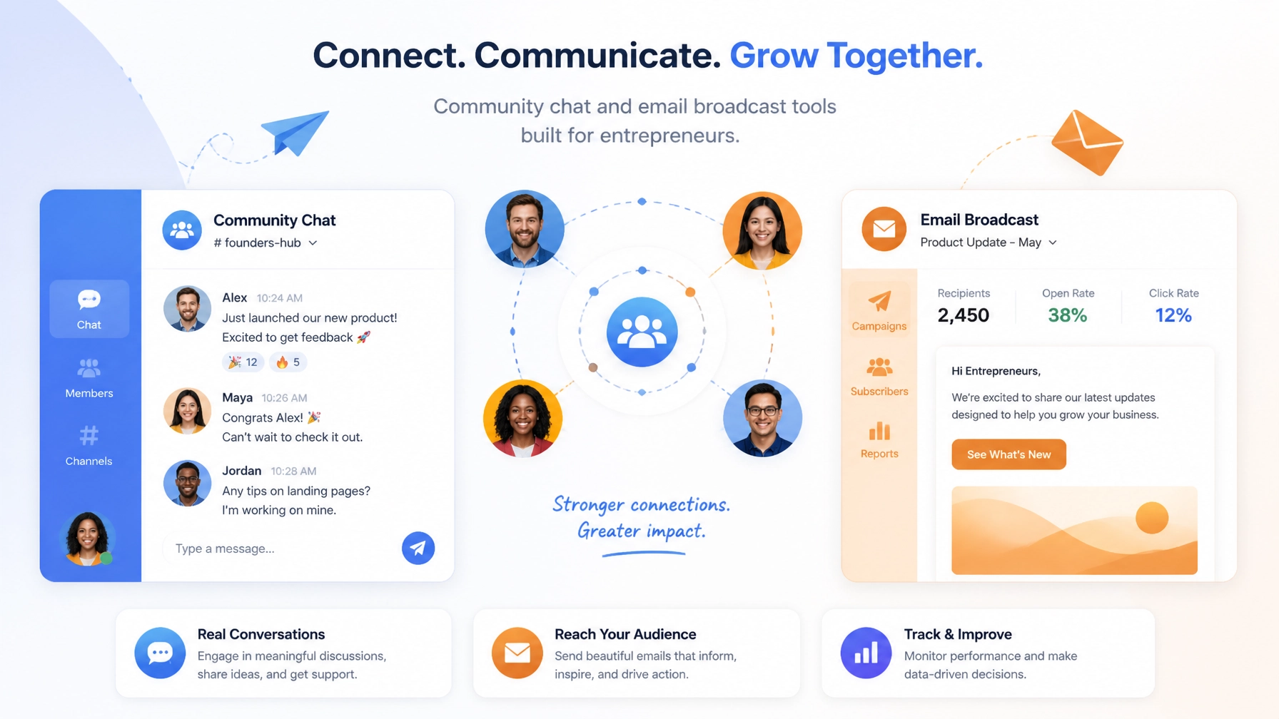 Community chat and email broadcast tools connecting entrepreneurs with smooth blue and orange gradients