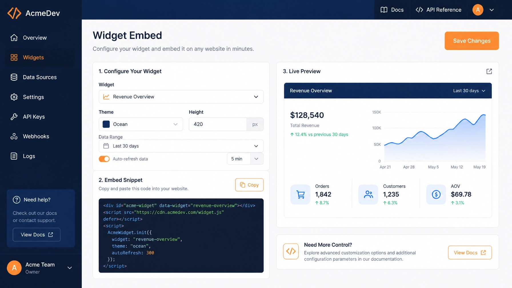 Widget configuration and dashboard interface