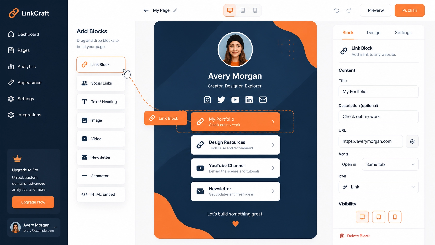 A clean flat illustration of a personal landing page builder with drag-and-drop link blocks