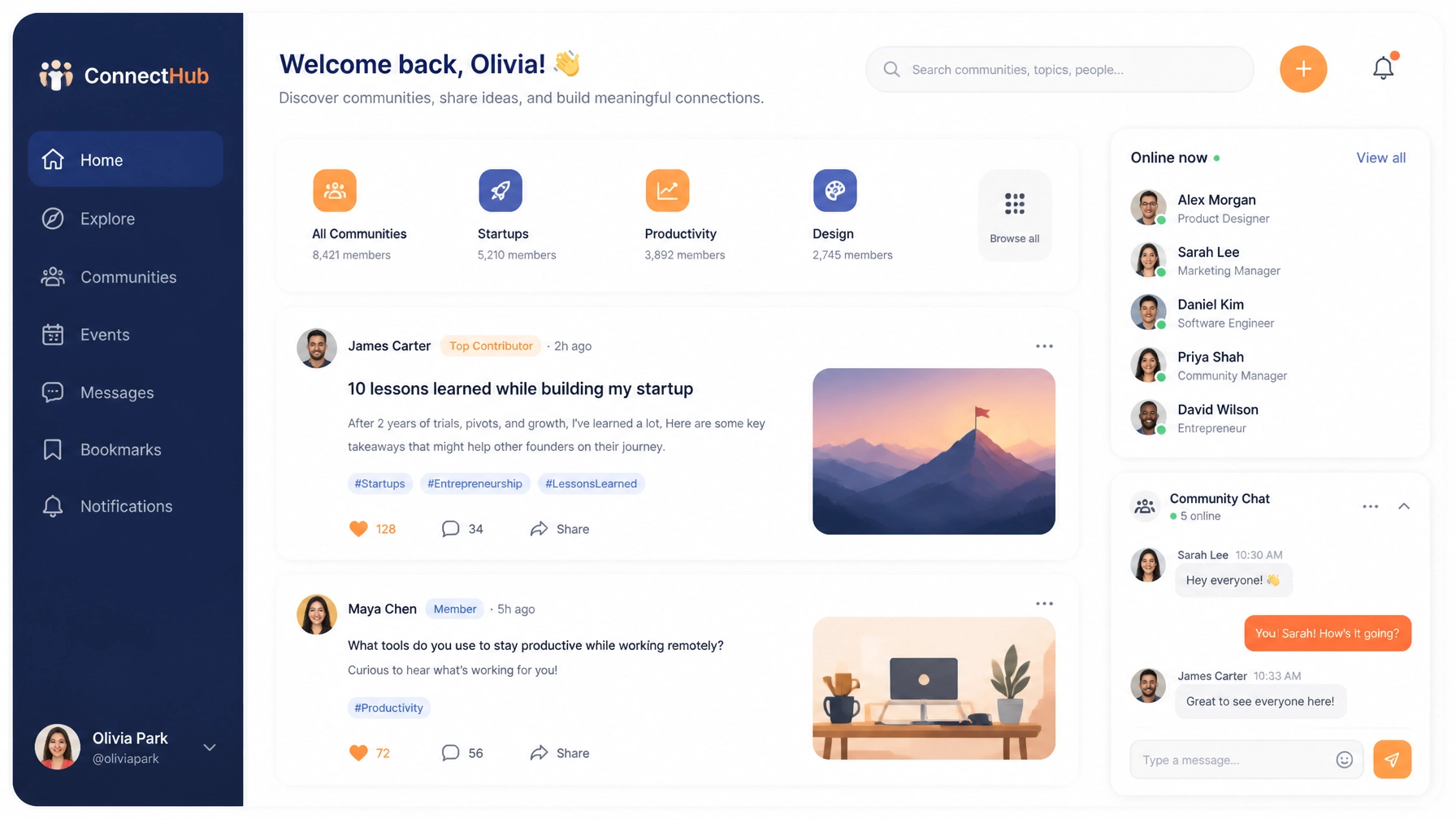 Minimalist vector illustration of an online community and networking platform with chat bubbles and social feed cards
