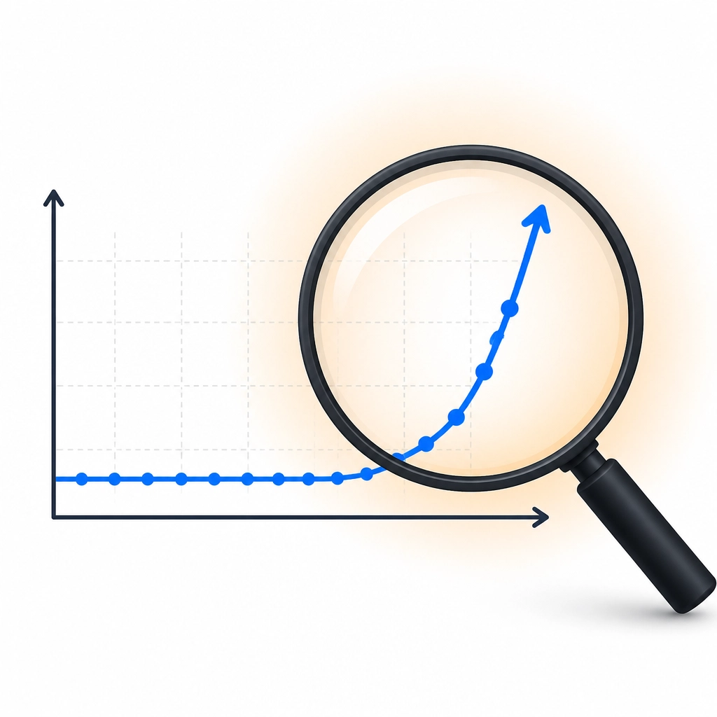 Minimalist magnifying glass focused on an upward-curving line chart
