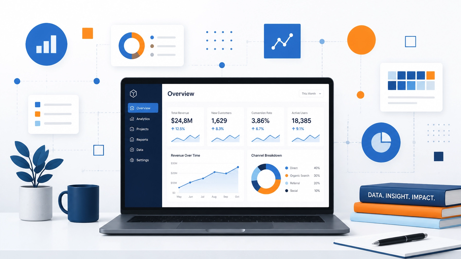 Professional digital workspace with abstract data points illustrating systematic expertise