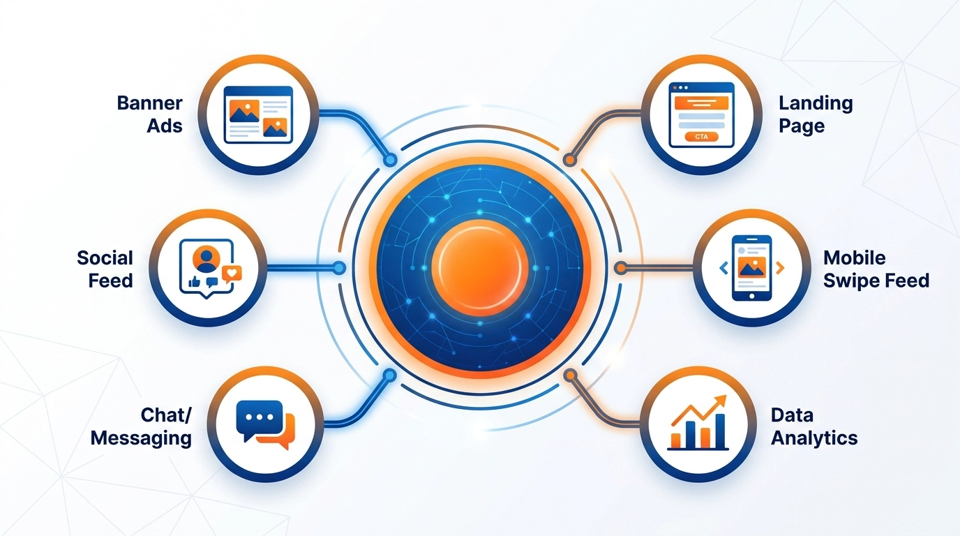 Crisp modern minimalist illustration of an integrated marketing ecosystem with a central hub and connected nodes for banner ads, social feed, chat, landing pages, and swipe ads in the Daily-Ads blue and orange palette.