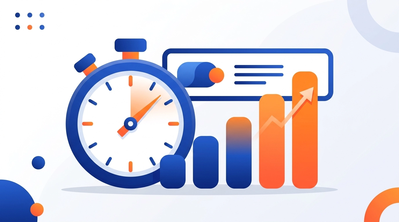 Crisp modern minimalist illustration of a stopwatch merged with a rising bar chart and banner ad frame, using Daily-Ads blue and orange gradients in a clean professional SaaS style.