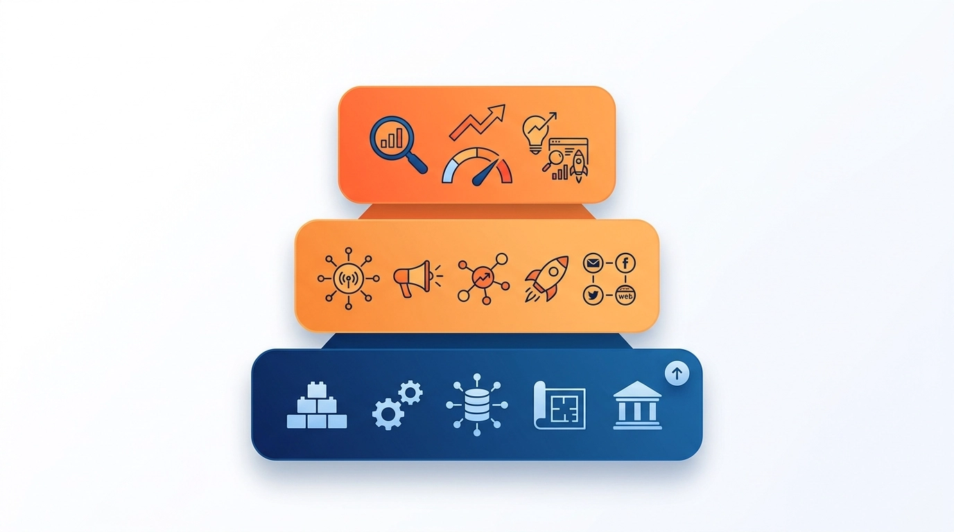 Crisp modern minimalist execution blueprint illustration with a three-tier structure for marketing phases, using Daily-Ads blue and orange gradients and a clean card-based SaaS layout.