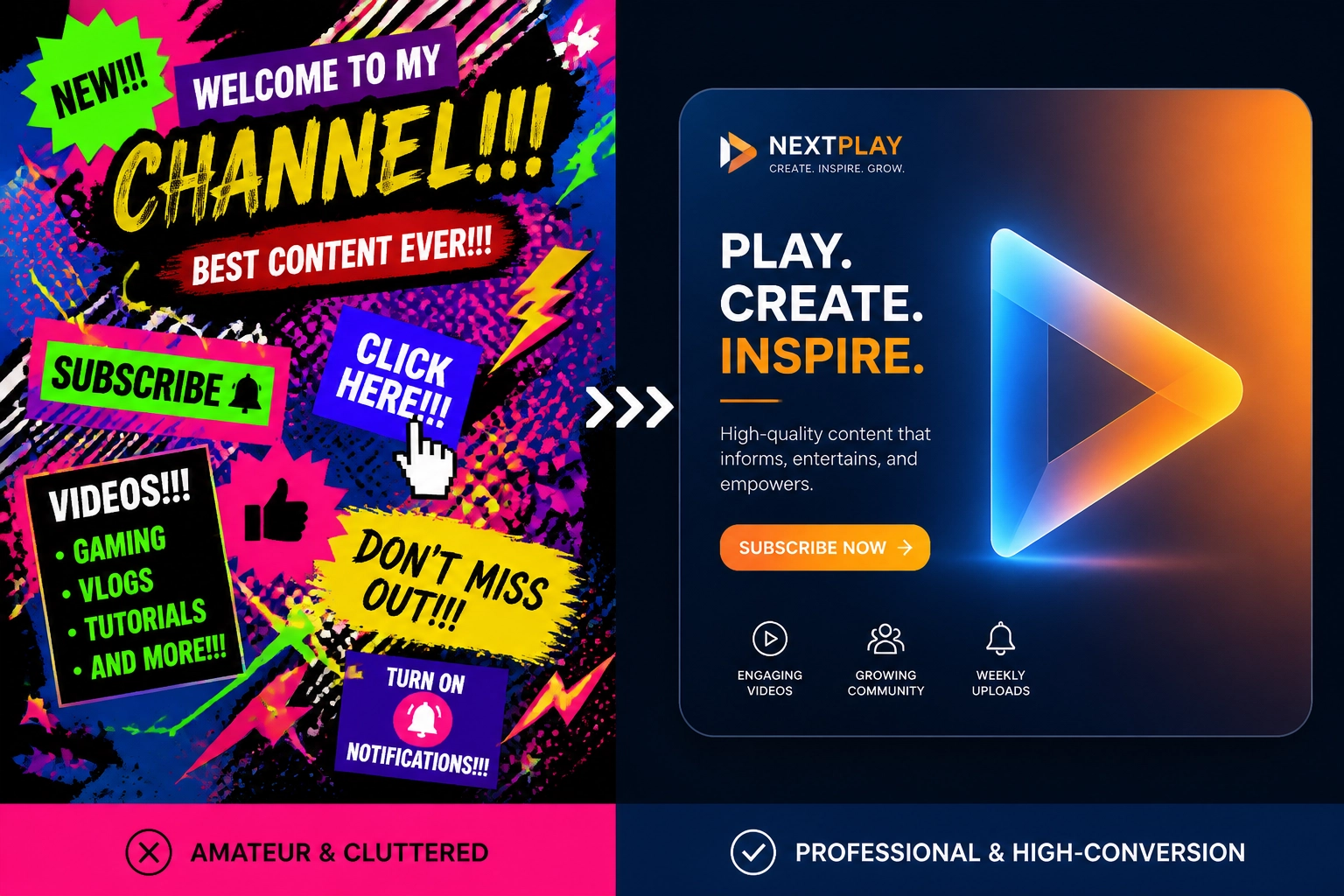 Comparison between a cluttered amateur YouTube thumbnail and a professional high-conversion banner.