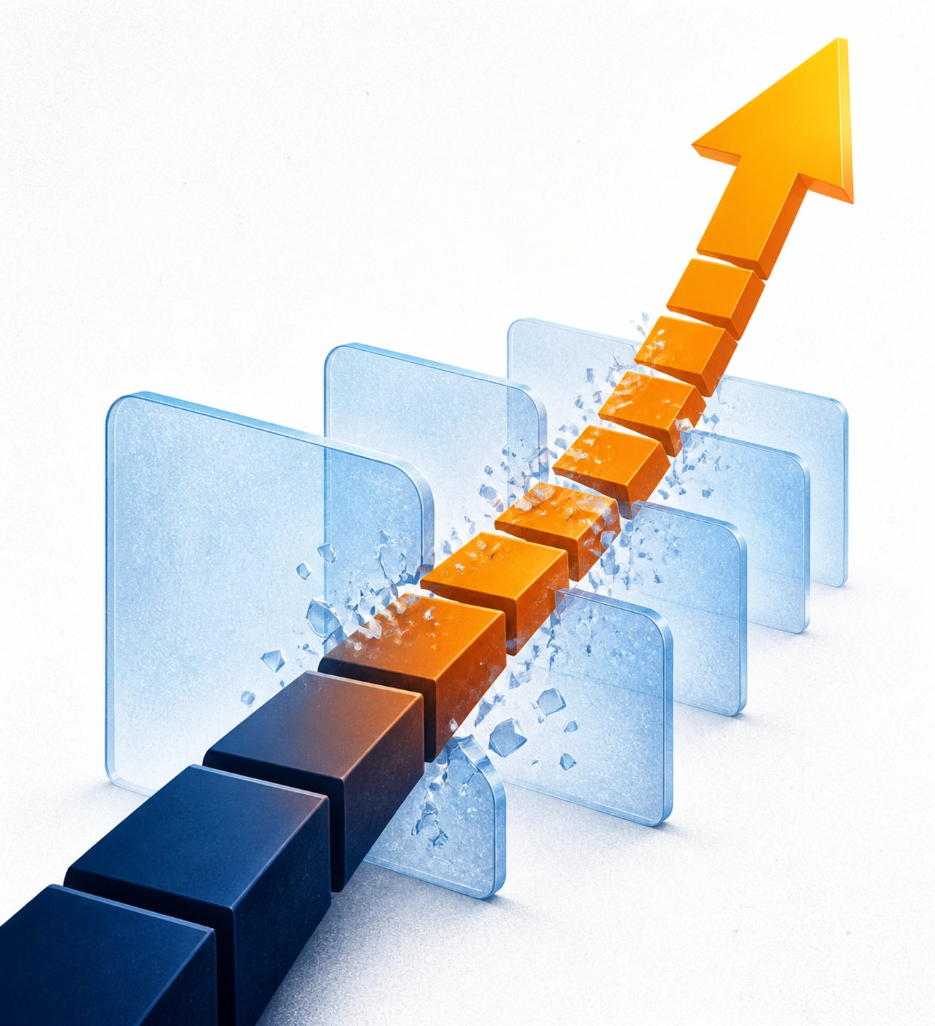 A rising orange growth arrow breaking through barriers, symbolizing YouTube channel scaling and marketing success.