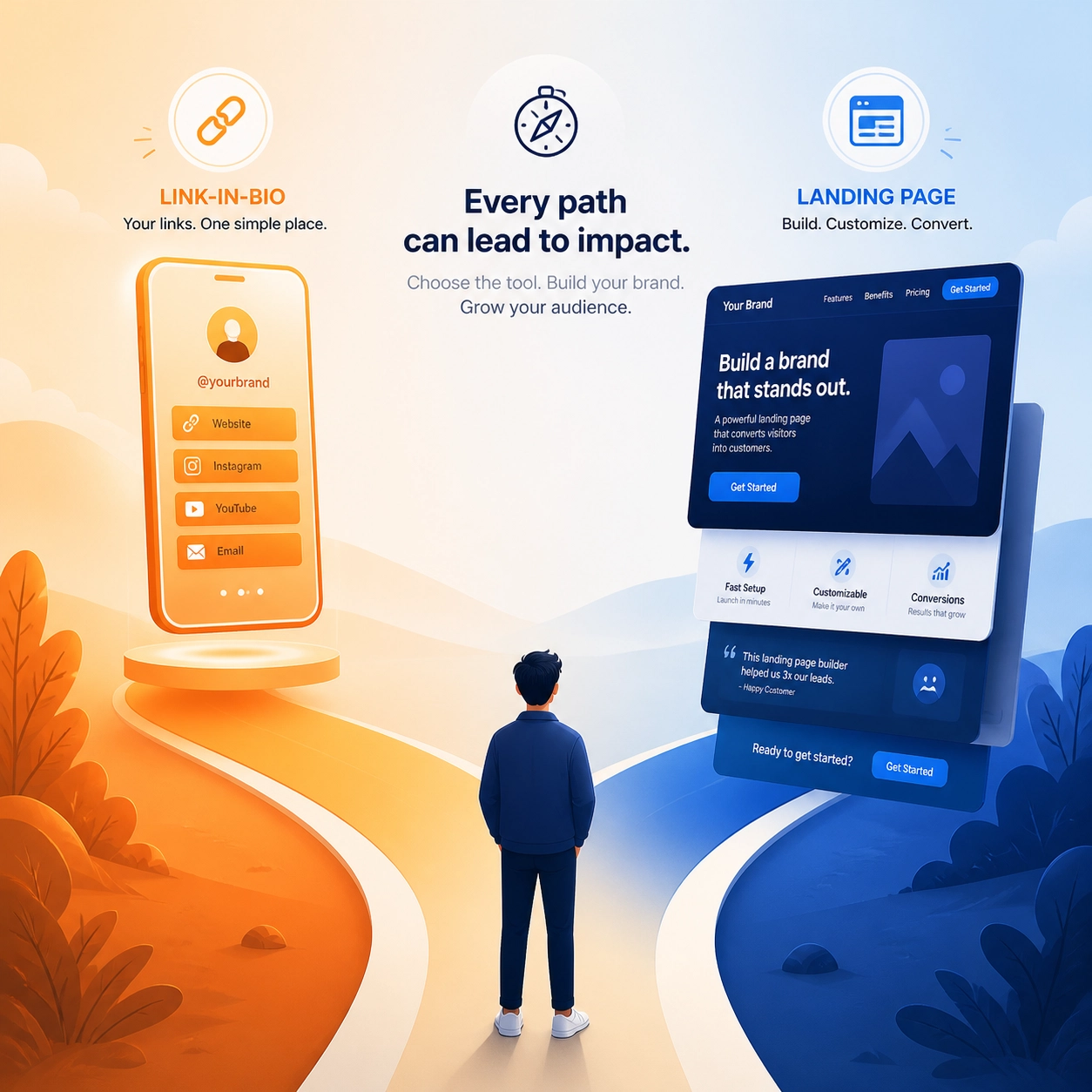 Professional path choosing between a mobile link-in-bio tool and a high-converting affiliate landing page.