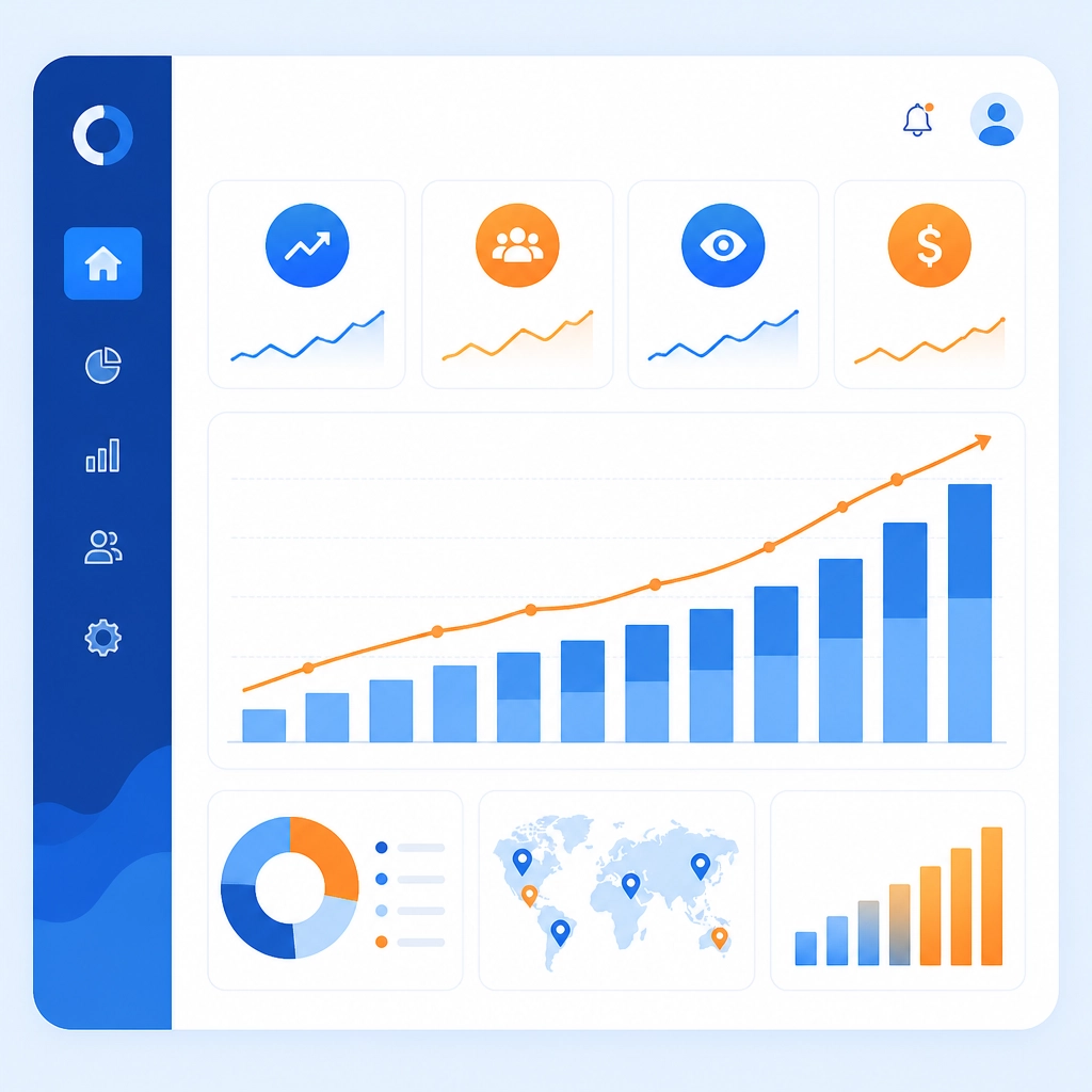 Minimalist digital illustration of a data dashboard showing growth charts