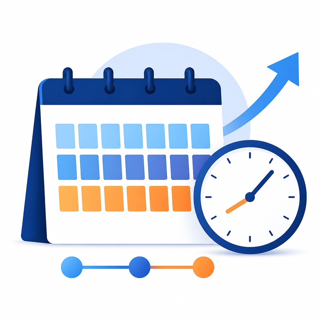 Minimalist digital illustration of a calendar and a clock