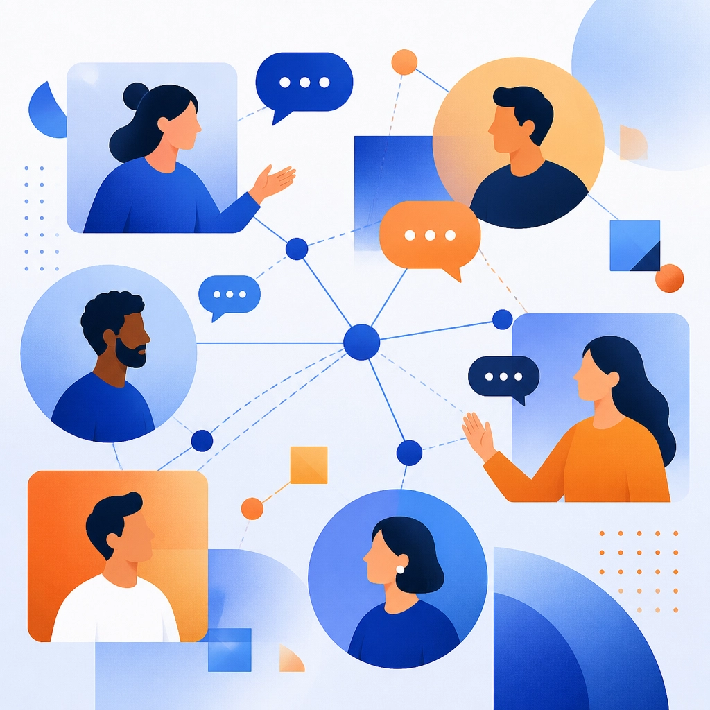 Stylized geometric illustration of people connecting through digital links