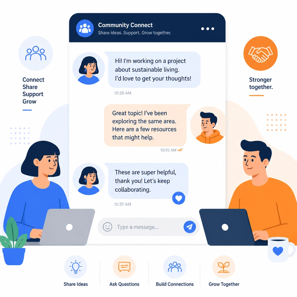 Minimalist illustration of people collaborating via chat