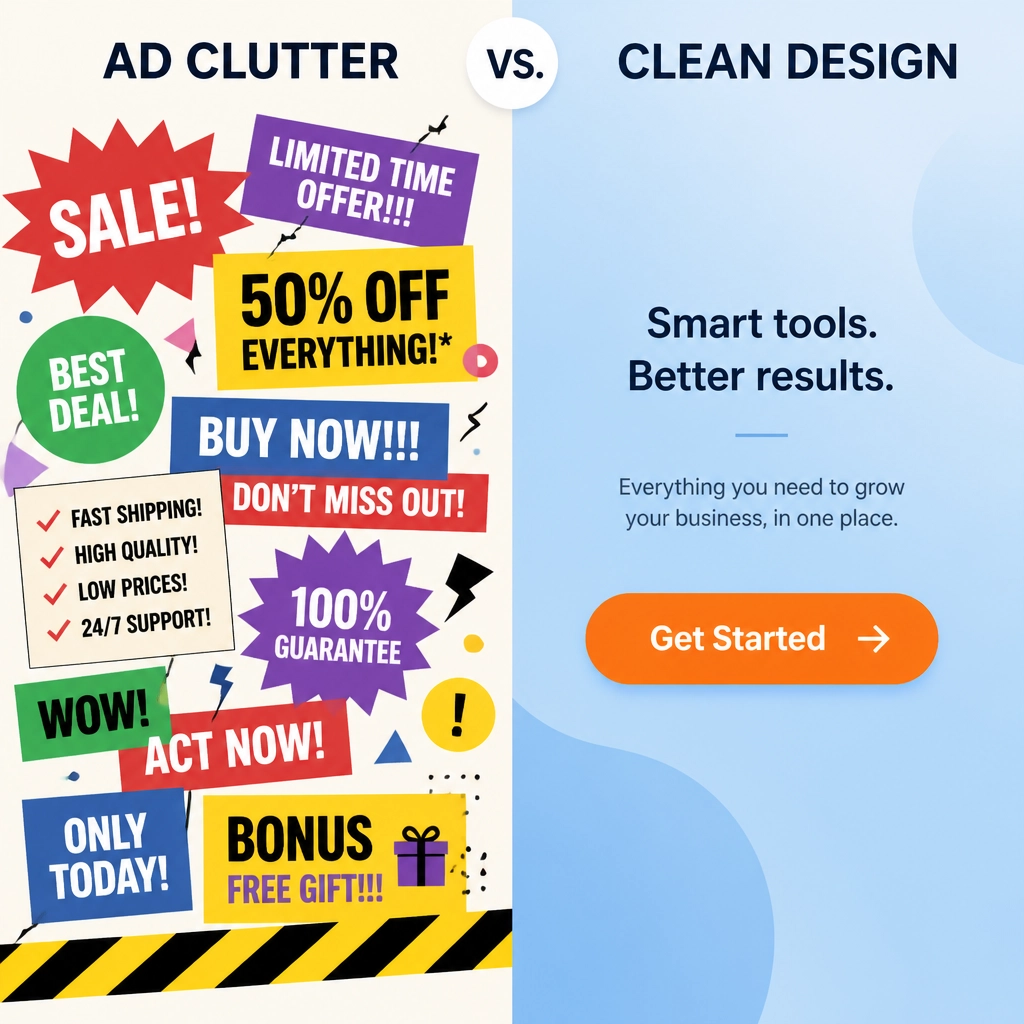 Minimalist illustration comparing ad clutter with clean design