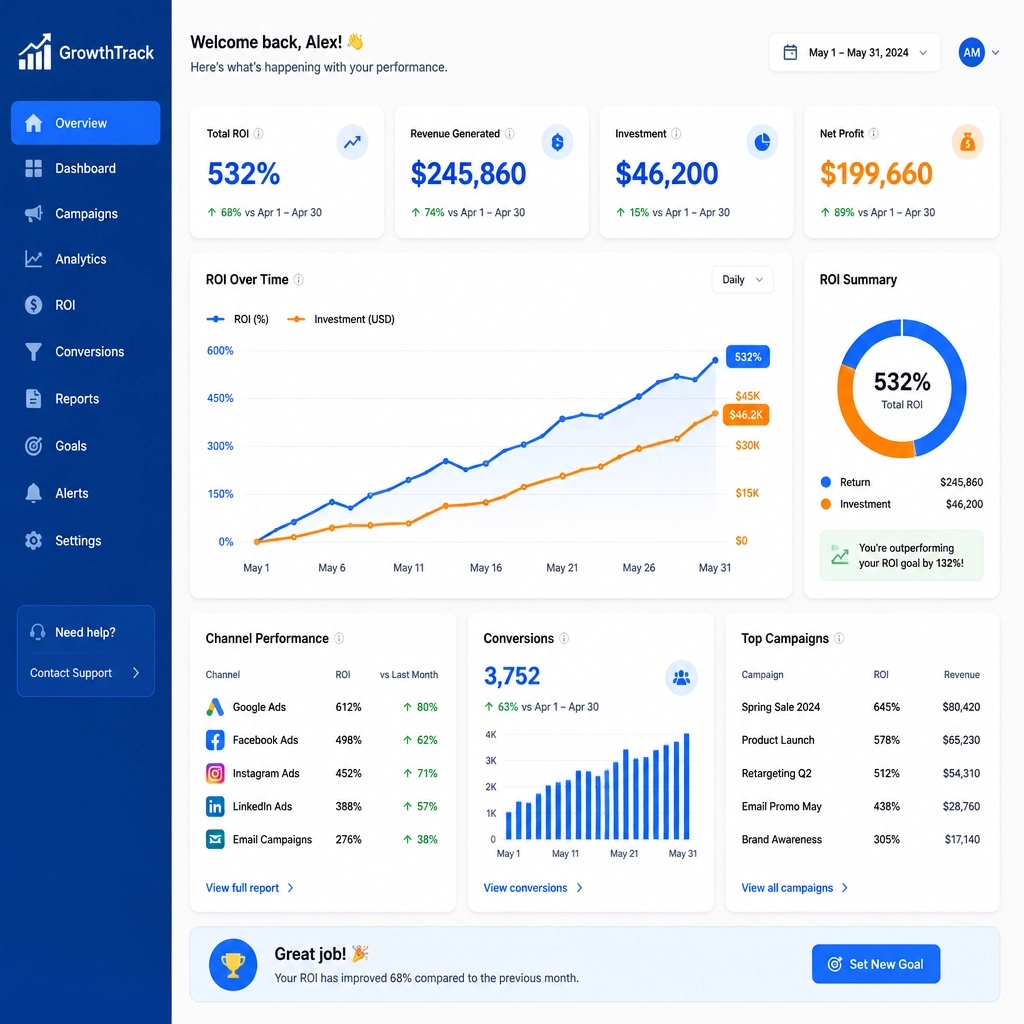 Flat illustration of a data dashboard with growth metrics