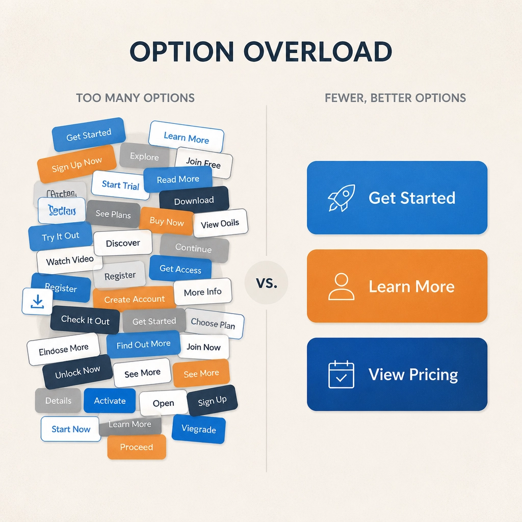 Minimalist illustration showing a cluttered mess of buttons versus a clean, 3-button layout.