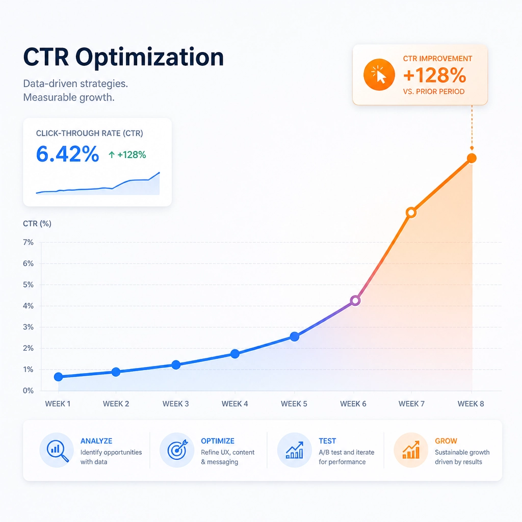 Minimalist chart showing a blue line spiking upward in orange, representing CTR growth.