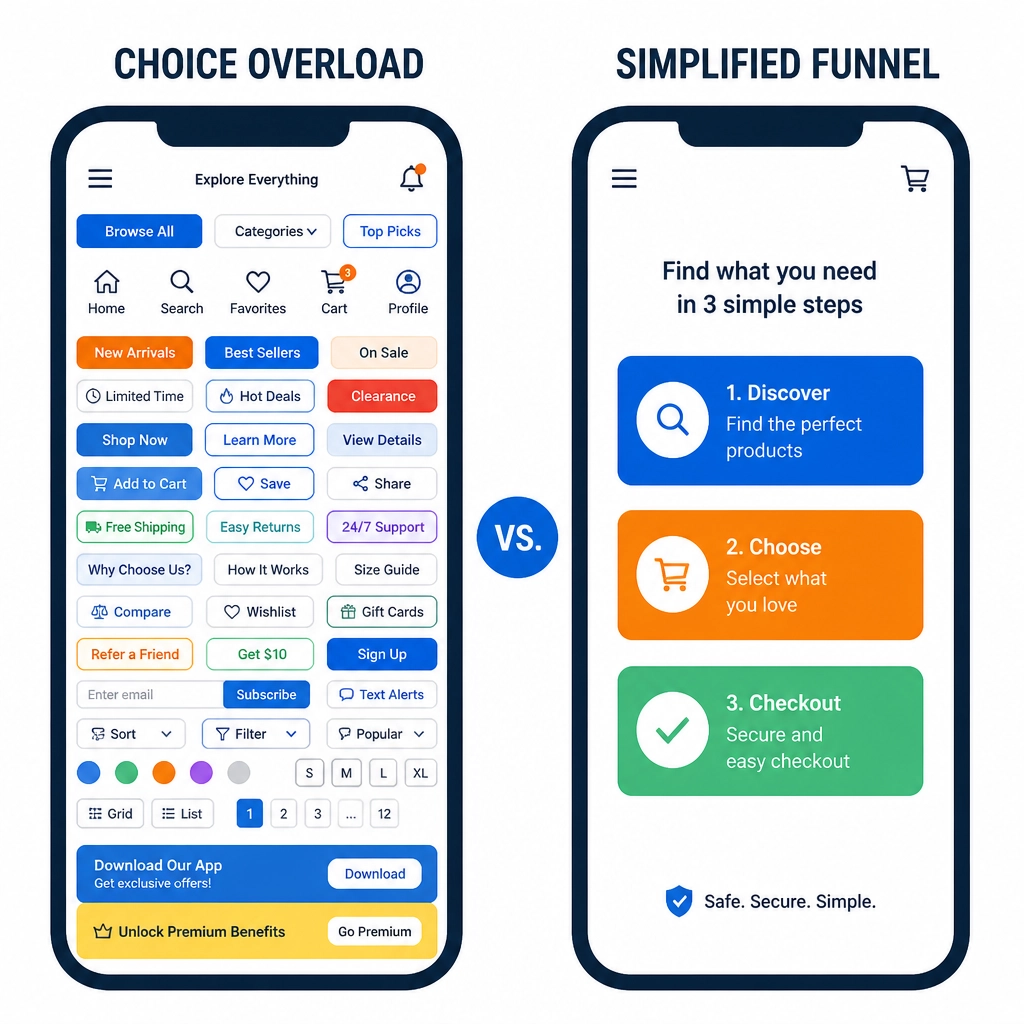 Comparison of cluttered choice overload vs a simplified conversion funnel