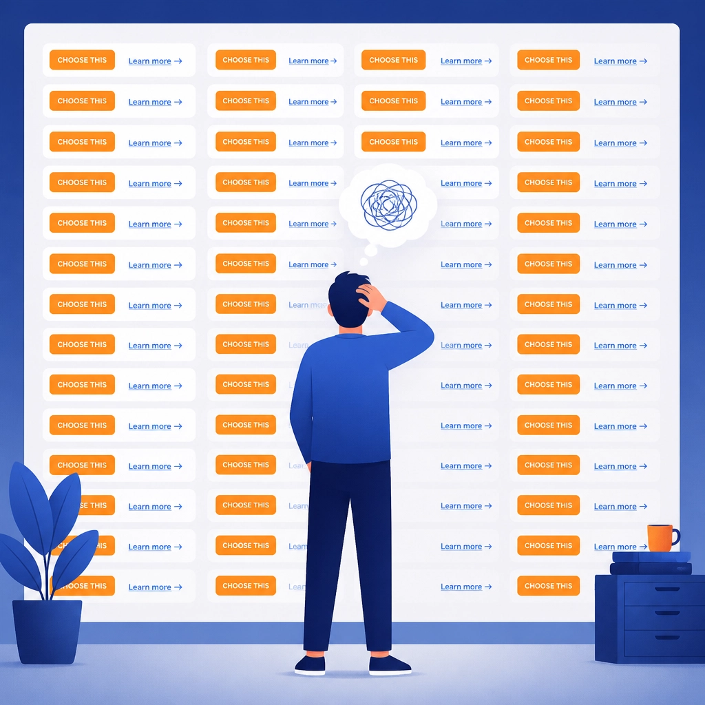 Flat digital illustration representing Analysis Paralysis with a character overwhelmed by buttons