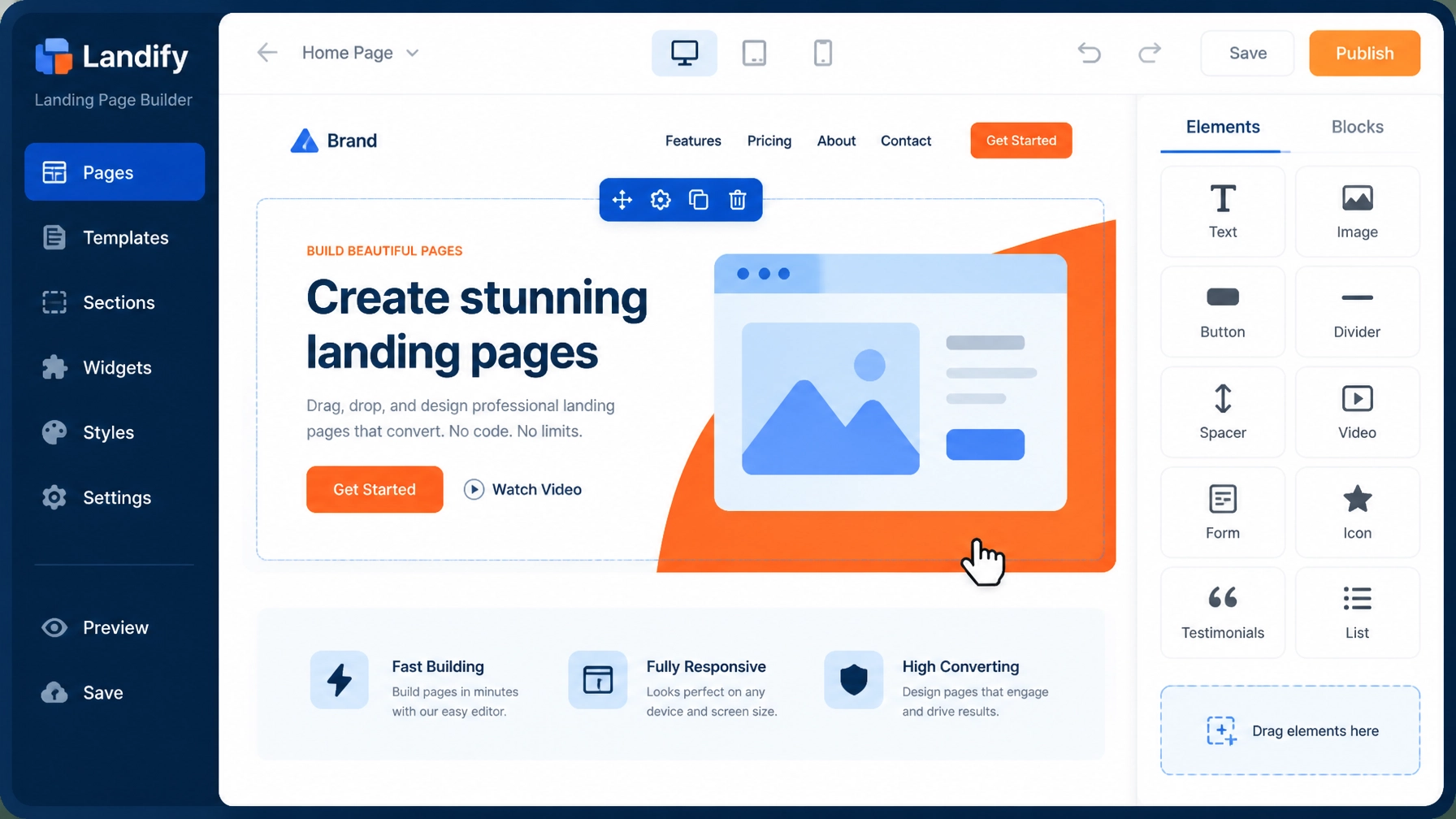 Minimalist flat illustration of a professional landing page builder interface