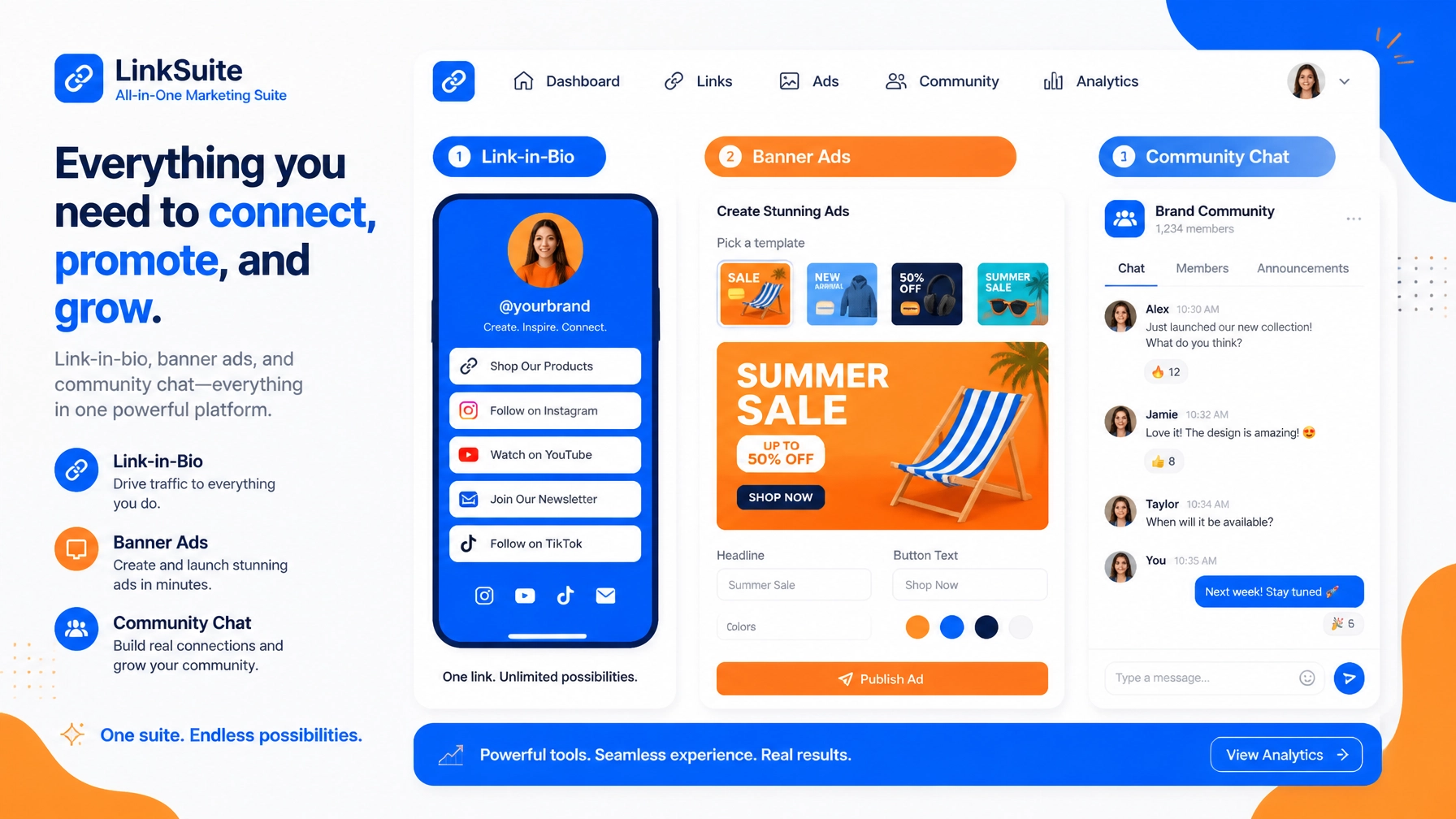 Clean flat vector illustration showing an all-in-one marketing suite with link-in-bio, banner ads, and community chat