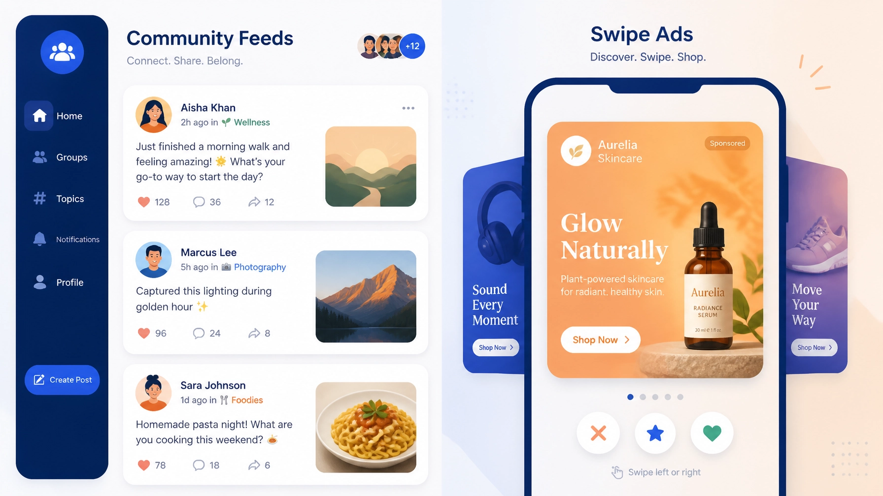 Flat illustration representing community feeds and swipe-based ad formats with chat bubbles and card layouts