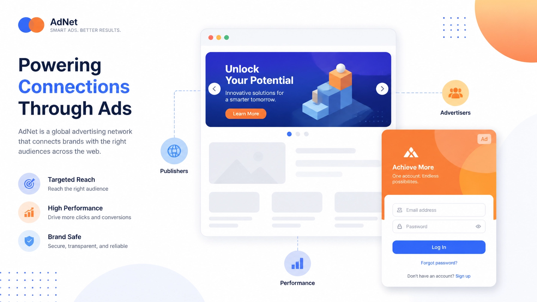 Flat illustration of online advertising networks featuring rotating banner ads and login ad cards in deep blue and warm orange