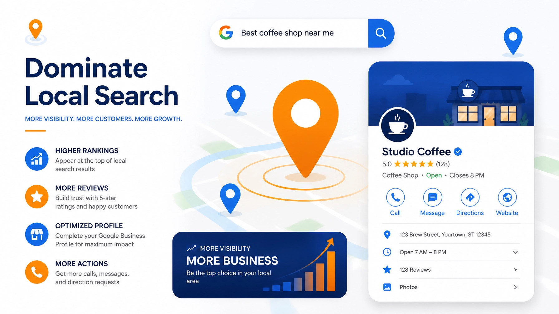 Flat illustration of local search domination and Google Business Profile optimization with map pins and star ratings