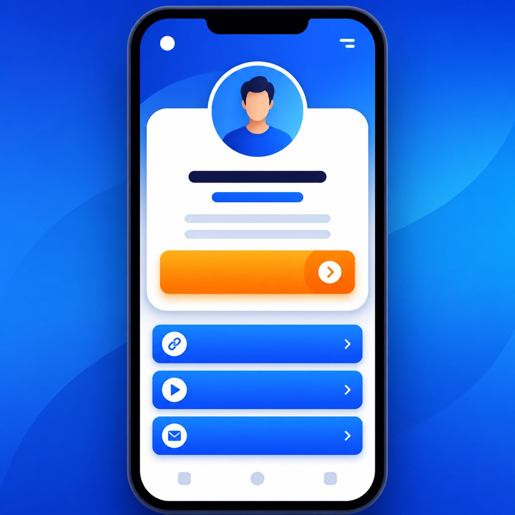 A minimalist digital illustration showing a mobile interface of a bio-link page with clear hierarchy