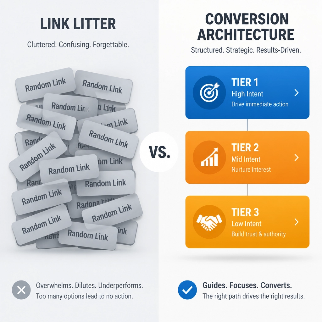 A conceptual graphic contrasting 'Link Litter' versus 'Conversion Architecture'