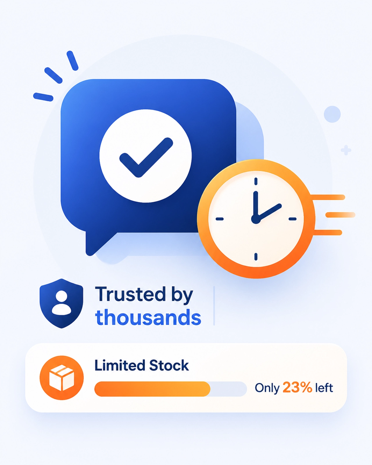 Minimalist illustration of trust signals including a chat bubble and a limited stock indicator