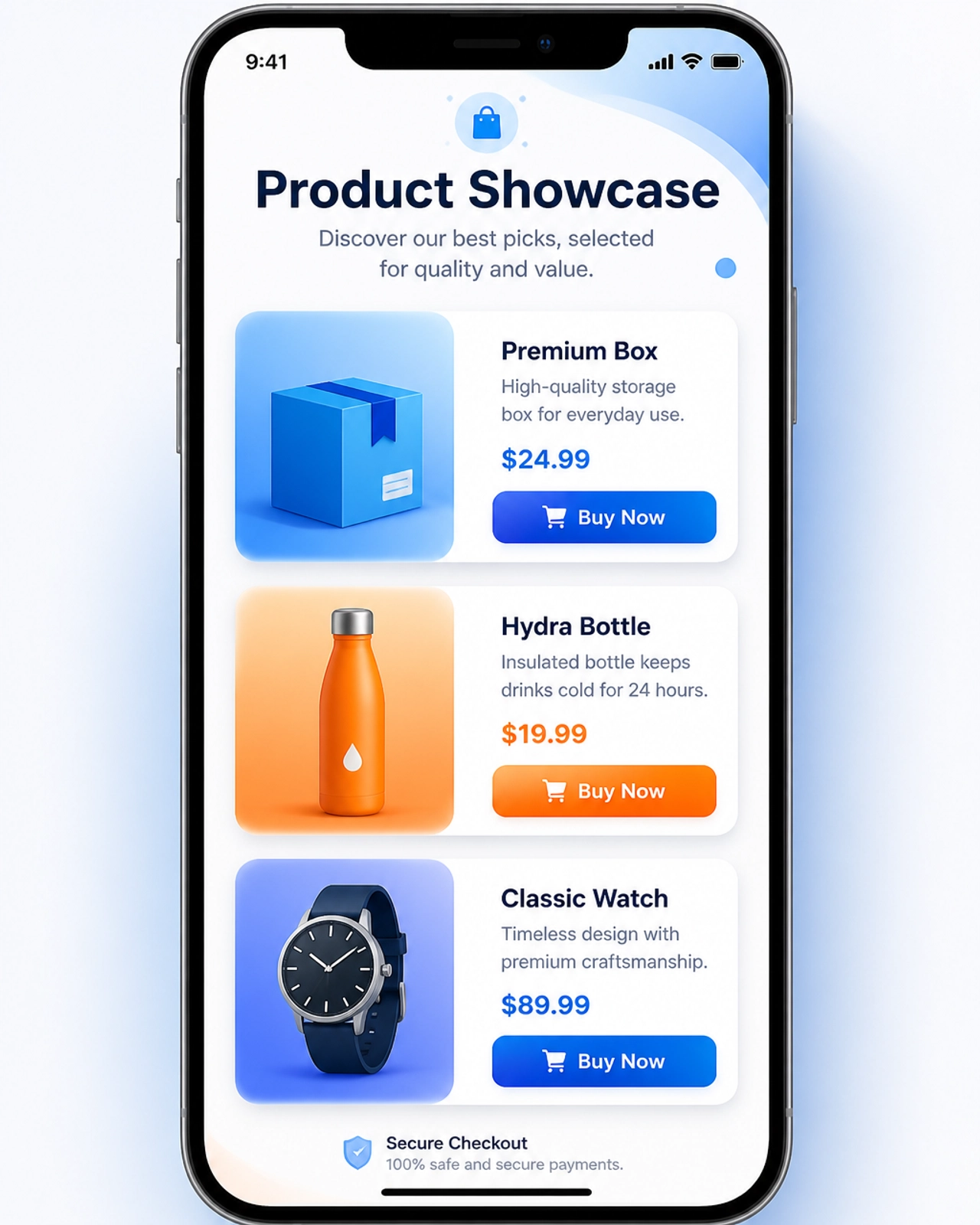 Illustration of a product showcase on a mobile device with clear product blocks and buy buttons