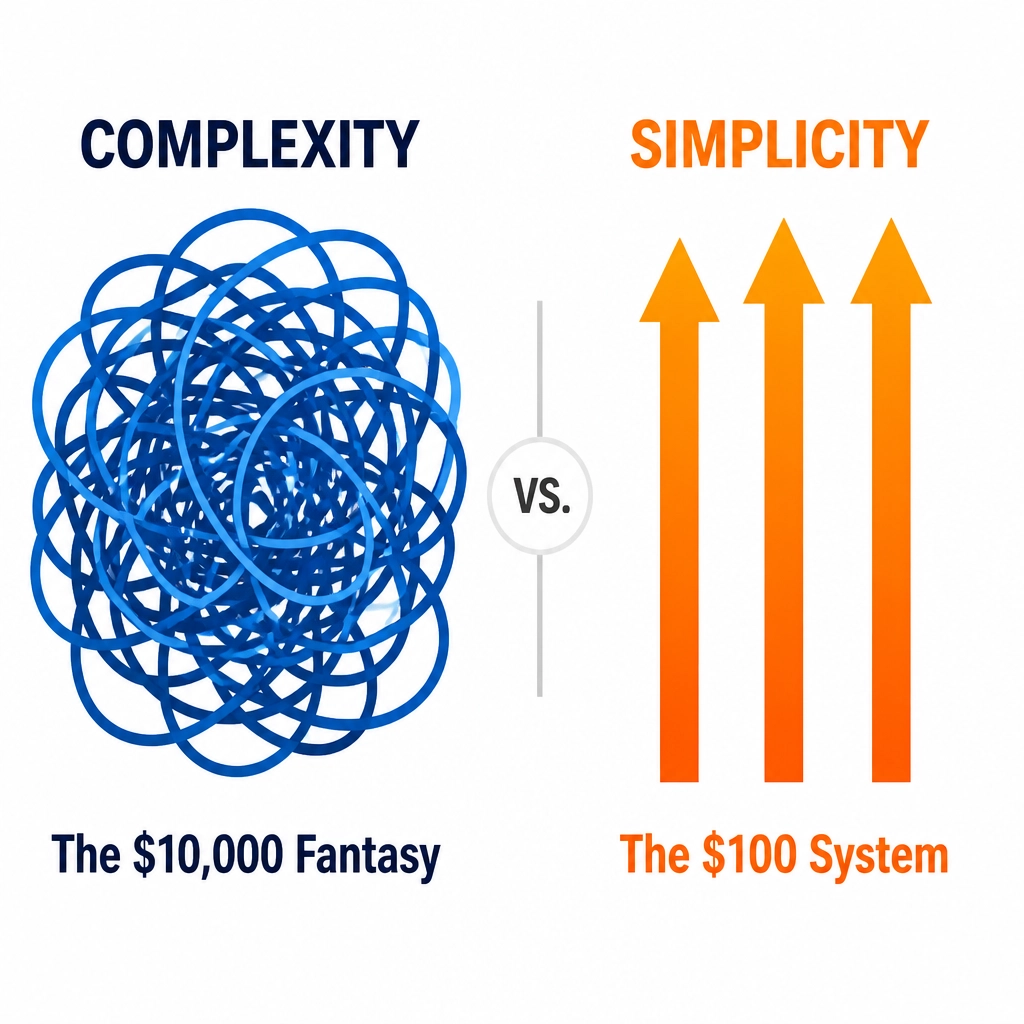 A minimalist digital design contrasting 'Complexity' vs 'Simplicity'. On the left, a tangled, messy knot of deep blue lines labeled 'The $10,000 Fantasy'. On the right, three straight, bold orange arrows pointing upward labeled 'The $100 System'.